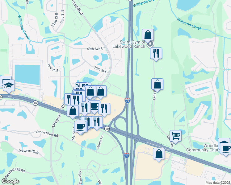 map of restaurants, bars, coffee shops, grocery stores, and more near 5171 78th Street Circle East in Bradenton