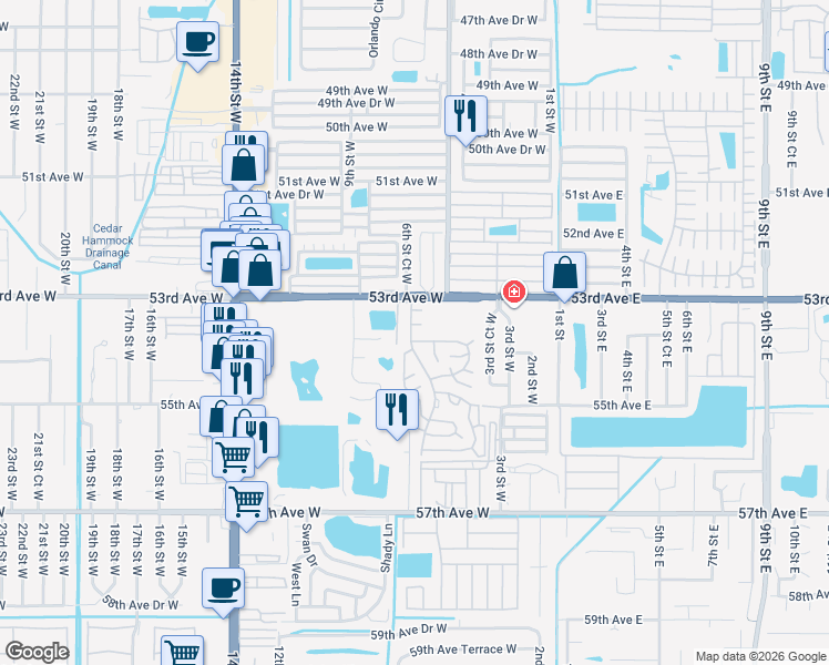 map of restaurants, bars, coffee shops, grocery stores, and more near 5307 Algeria Court in Bradenton