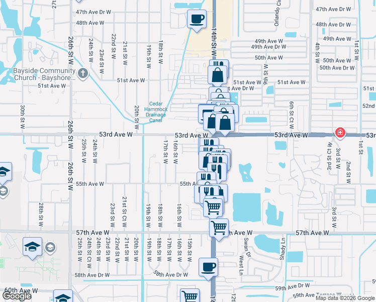 map of restaurants, bars, coffee shops, grocery stores, and more near 106 Park Lane in Bradenton