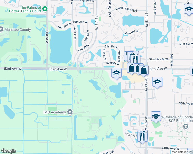 map of restaurants, bars, coffee shops, grocery stores, and more near 4138 53rd Avenue West in Bradenton