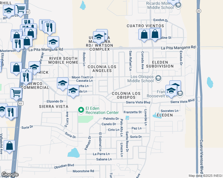 map of restaurants, bars, coffee shops, grocery stores, and more near 4618 Santa Inez Lane in Laredo