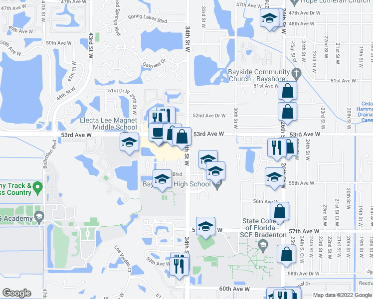 map of restaurants, bars, coffee shops, grocery stores, and more near 5356 34th Street West in Bradenton