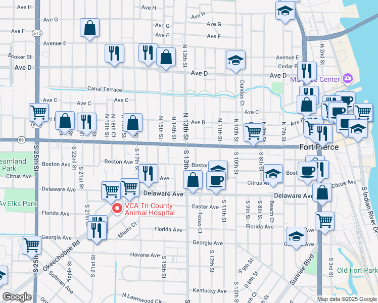 map of restaurants, bars, coffee shops, grocery stores, and more near 68 South 13th Street in Fort Pierce