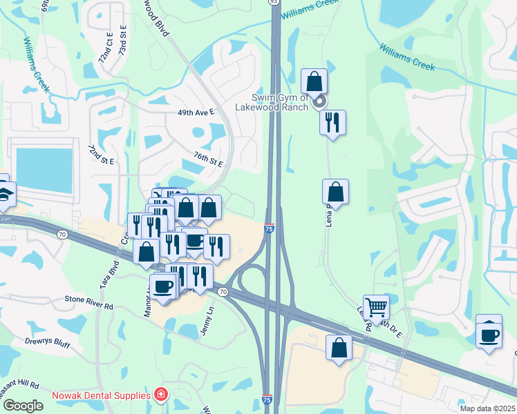 map of restaurants, bars, coffee shops, grocery stores, and more near 5171 78th Street Circle East in Bradenton