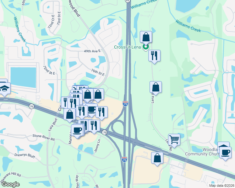 map of restaurants, bars, coffee shops, grocery stores, and more near 5171 78th Street Circle East in Bradenton