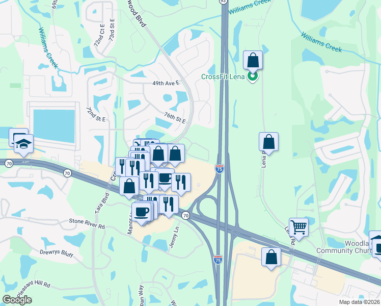 map of restaurants, bars, coffee shops, grocery stores, and more near 5268 78th Street Circle East in Bradenton