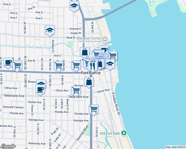 map of restaurants, bars, coffee shops, grocery stores, and more near in Fort Pierce