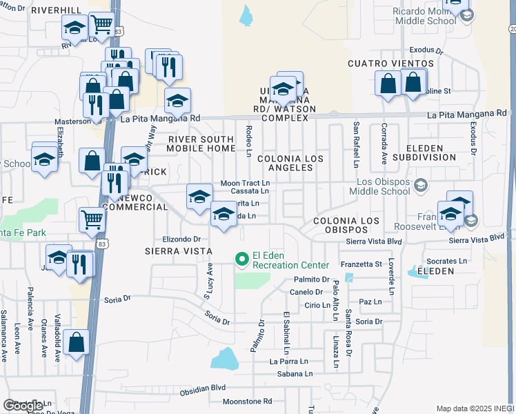 map of restaurants, bars, coffee shops, grocery stores, and more near 2512 Severita Lane in Laredo