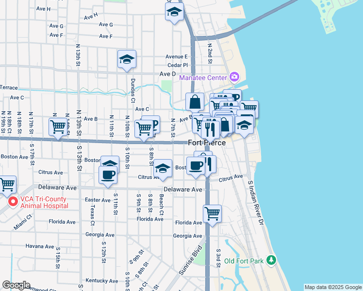 map of restaurants, bars, coffee shops, grocery stores, and more near 100 South 6th Street in Fort Pierce