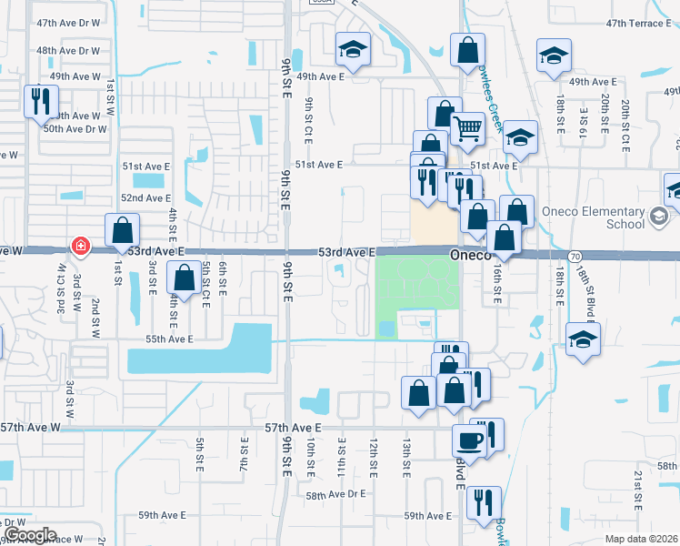 map of restaurants, bars, coffee shops, grocery stores, and more near 5313 11th Street Circle East in Bradenton