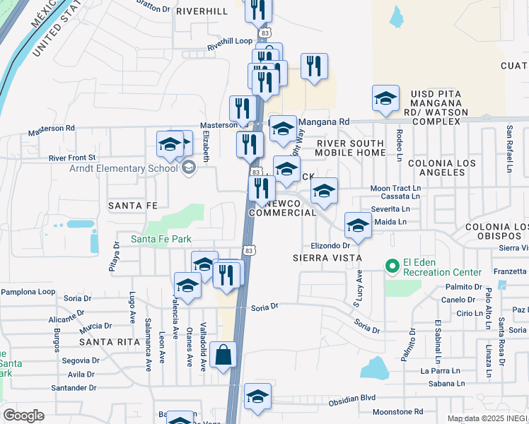 map of restaurants, bars, coffee shops, grocery stores, and more near U.S. 83 in Laredo