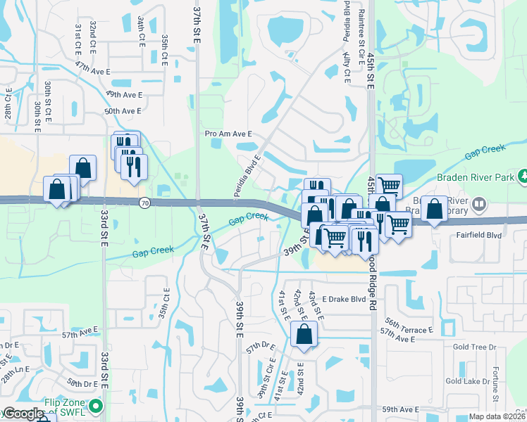 map of restaurants, bars, coffee shops, grocery stores, and more near 4006 53rd Avenue East in Bradenton