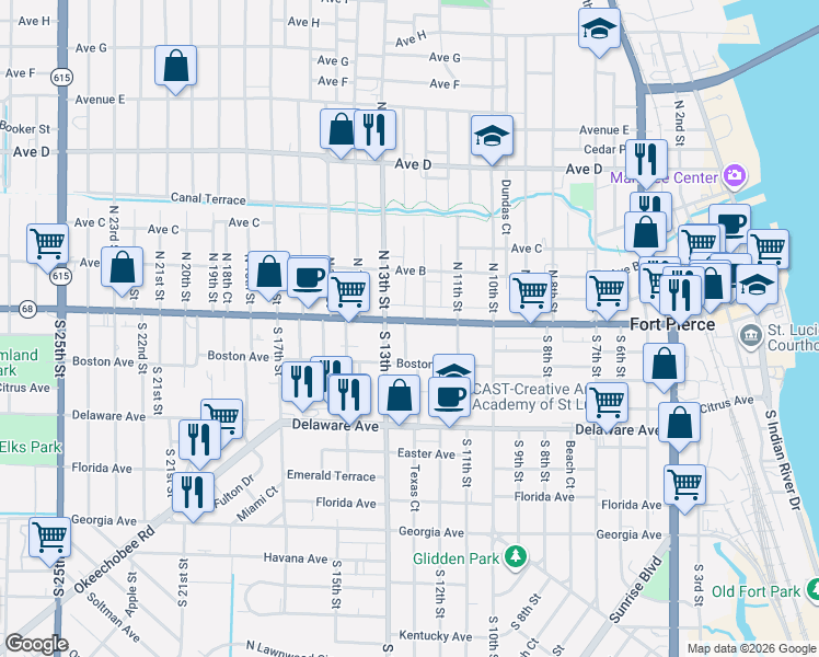 map of restaurants, bars, coffee shops, grocery stores, and more near 68 South 13th Street in Fort Pierce