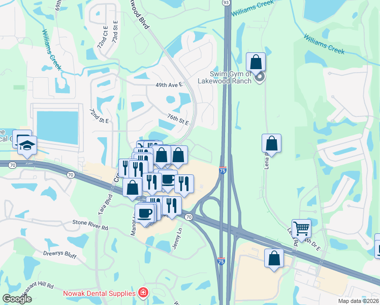 map of restaurants, bars, coffee shops, grocery stores, and more near 5268 78th Street Circle East in Bradenton