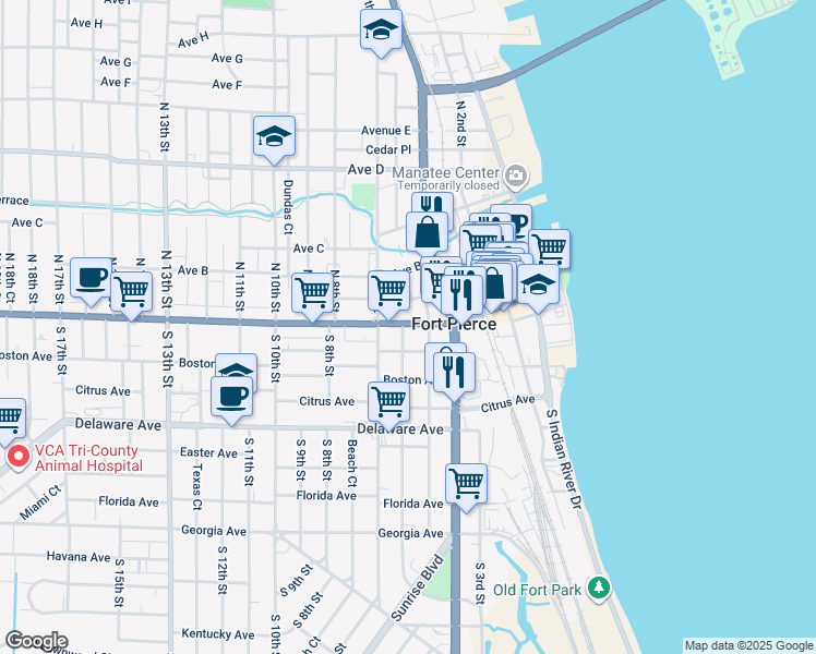 map of restaurants, bars, coffee shops, grocery stores, and more near 601 Avenue B in Fort Pierce