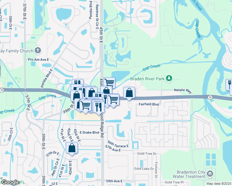 map of restaurants, bars, coffee shops, grocery stores, and more near 5311 46th Street Court East in Bradenton