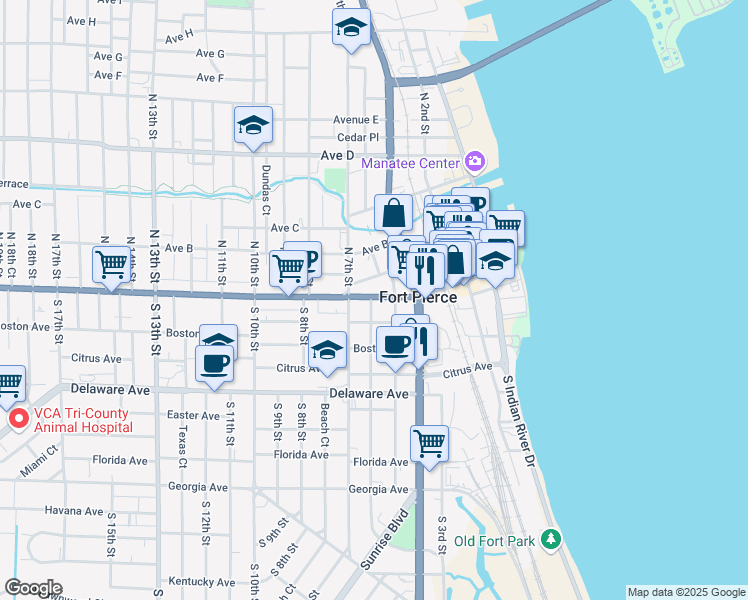 map of restaurants, bars, coffee shops, grocery stores, and more near 100 South 6th Street in Fort Pierce