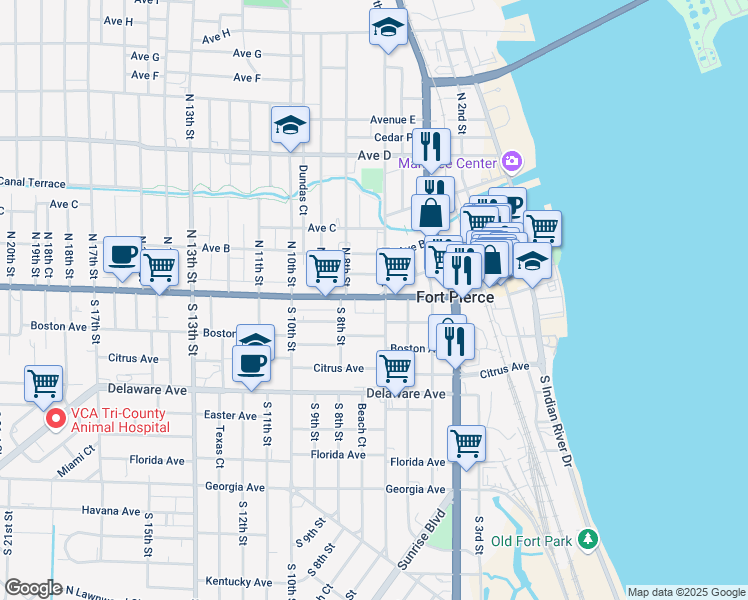 map of restaurants, bars, coffee shops, grocery stores, and more near 711 Orange Avenue in Fort Pierce