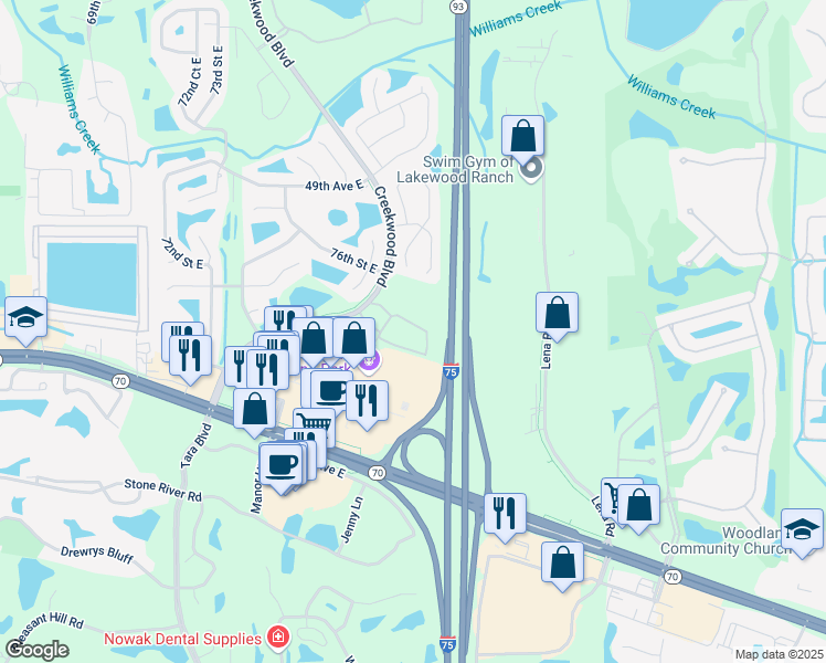 map of restaurants, bars, coffee shops, grocery stores, and more near 5171 78th Street Circle East in Bradenton