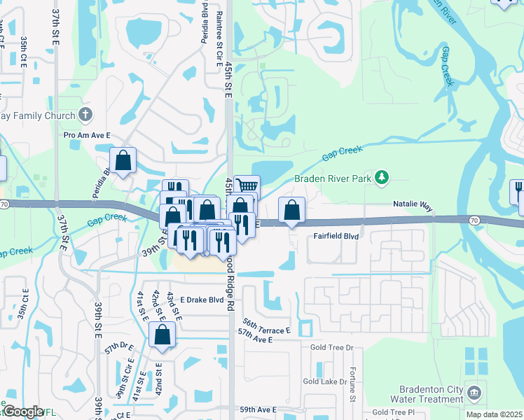 map of restaurants, bars, coffee shops, grocery stores, and more near 5311 46th Street Court East in Bradenton