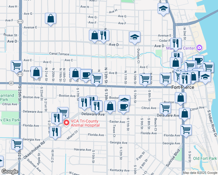 map of restaurants, bars, coffee shops, grocery stores, and more near 68 South 13th Street in Fort Pierce