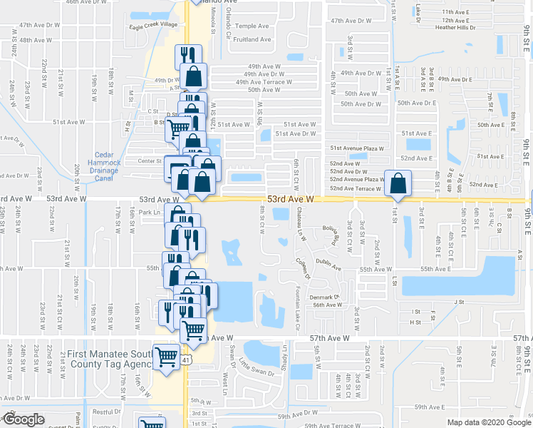 map of restaurants, bars, coffee shops, grocery stores, and more near 5315 8th Street Court West in Bradenton