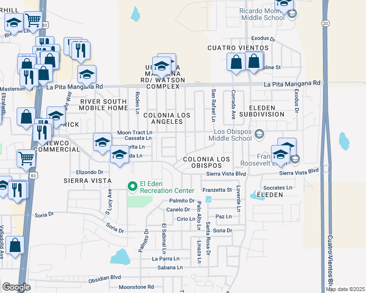 map of restaurants, bars, coffee shops, grocery stores, and more near 4618 Santa Inez Lane in Laredo