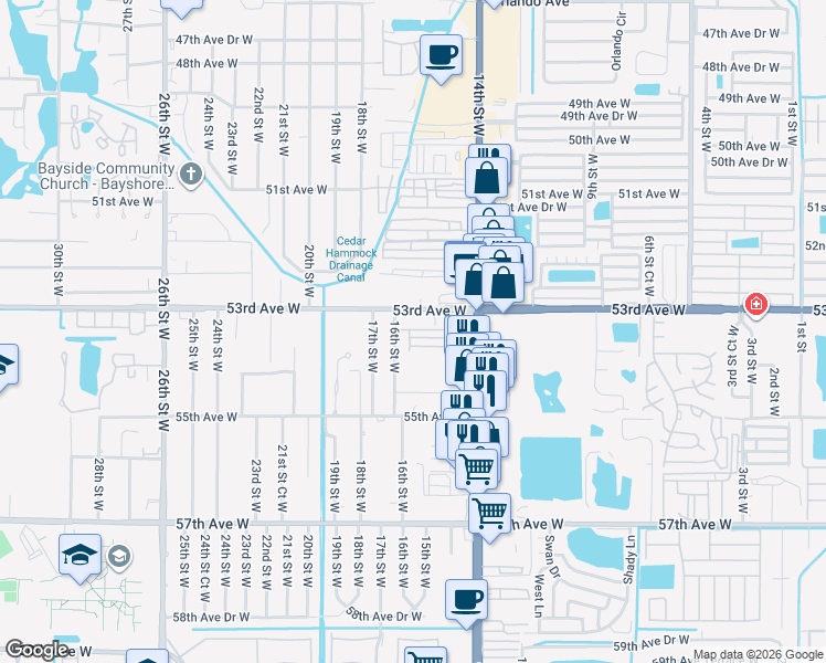map of restaurants, bars, coffee shops, grocery stores, and more near 106 Park Lane in Bradenton
