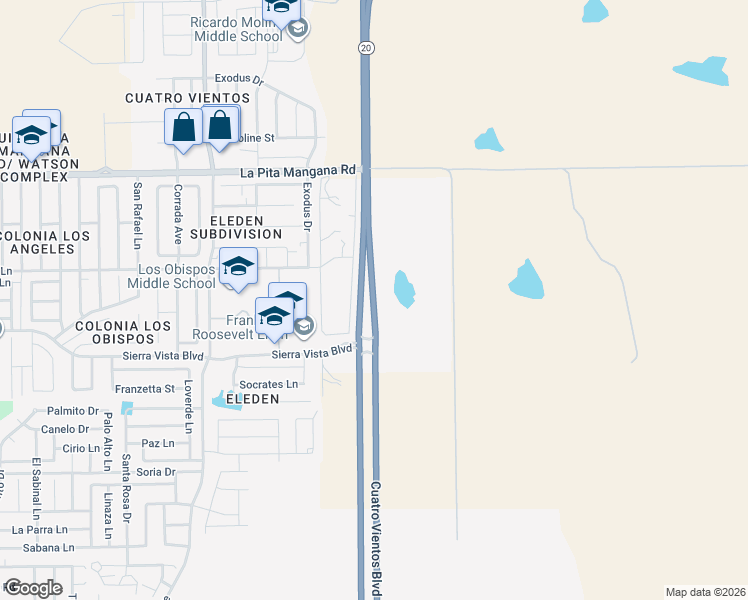 map of restaurants, bars, coffee shops, grocery stores, and more near Cuarto Vientos Boulevard in Laredo