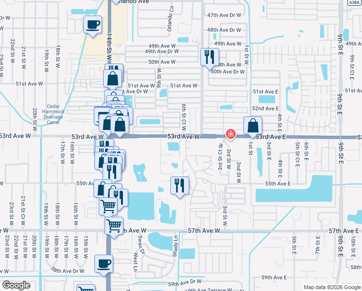 map of restaurants, bars, coffee shops, grocery stores, and more near 5307 Algeria Ct in Bradenton