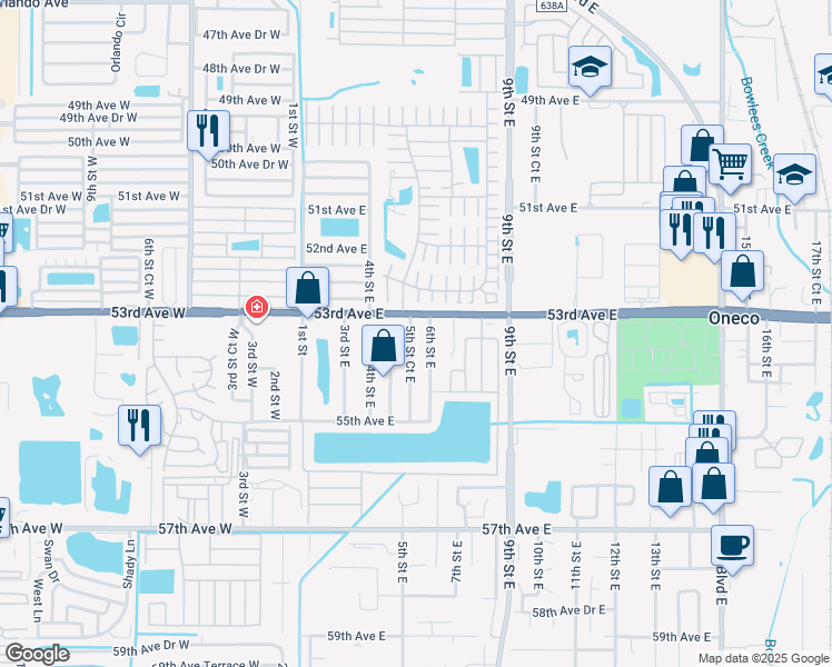 map of restaurants, bars, coffee shops, grocery stores, and more near 5311 5th Street Court East in Bradenton