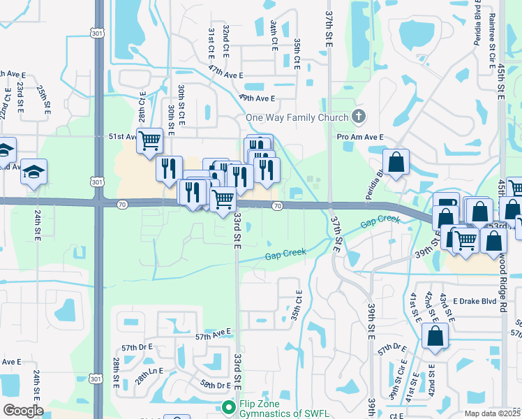 map of restaurants, bars, coffee shops, grocery stores, and more near 3316 53rd Avenue East in Bradenton