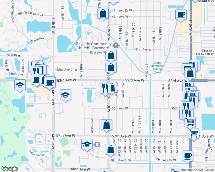 map of restaurants, bars, coffee shops, grocery stores, and more near 2604 53rd Avenue West in Bradenton