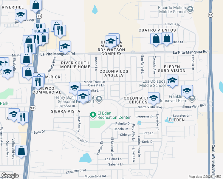 map of restaurants, bars, coffee shops, grocery stores, and more near 112 Bosco Lane in Laredo