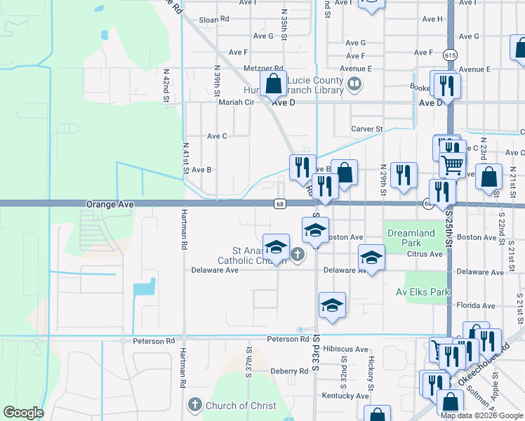 map of restaurants, bars, coffee shops, grocery stores, and more near 3323 Orange Avenue in Fort Pierce