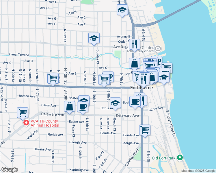 map of restaurants, bars, coffee shops, grocery stores, and more near 804 Orange Avenue in Fort Pierce