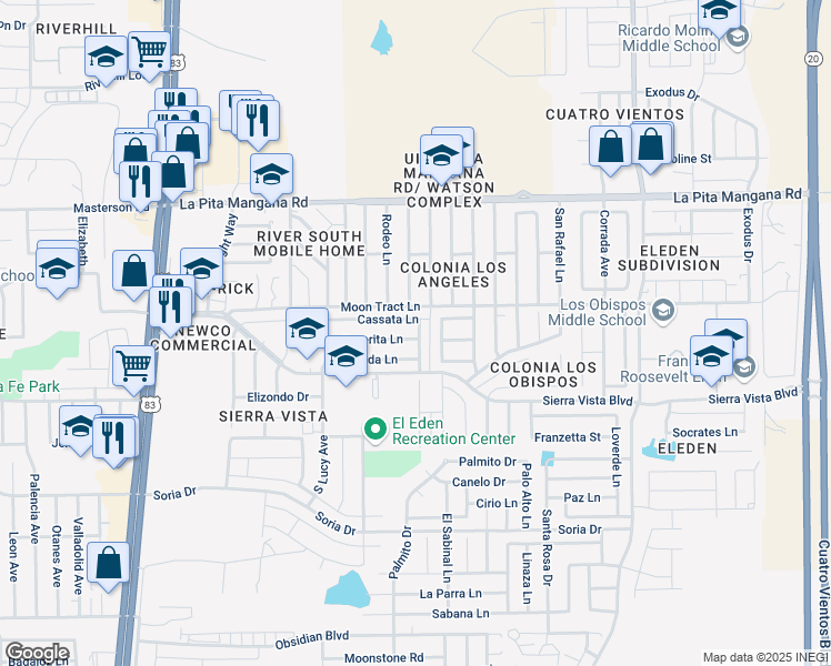 map of restaurants, bars, coffee shops, grocery stores, and more near 2512 Severita Lane in Laredo