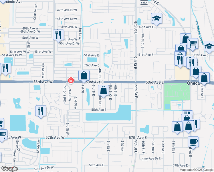 map of restaurants, bars, coffee shops, grocery stores, and more near 5311 5th Street Court East in Bradenton