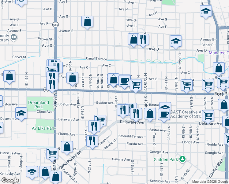map of restaurants, bars, coffee shops, grocery stores, and more near in Fort Pierce
