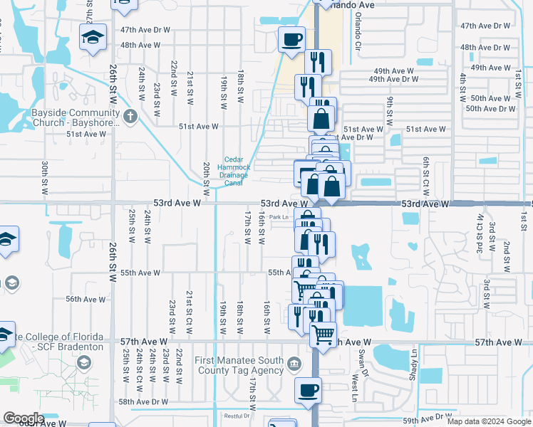 map of restaurants, bars, coffee shops, grocery stores, and more near 106 Park Lane in Bradenton