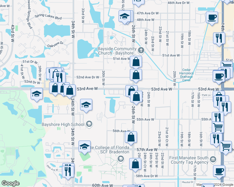 map of restaurants, bars, coffee shops, grocery stores, and more near 5310 26th Street West in Bradenton