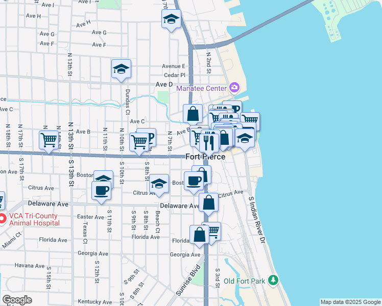 map of restaurants, bars, coffee shops, grocery stores, and more near 500 Orange Avenue in Fort Pierce