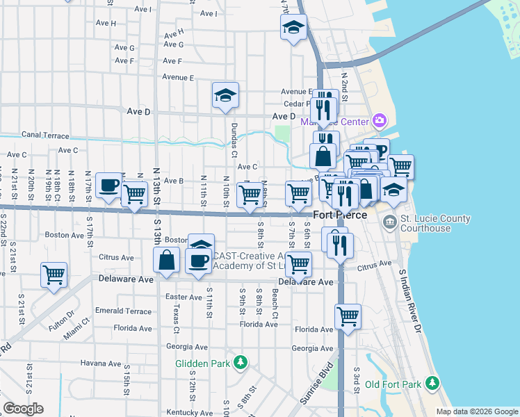 map of restaurants, bars, coffee shops, grocery stores, and more near 804 Orange Avenue in Fort Pierce