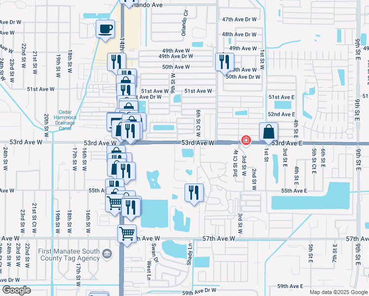 map of restaurants, bars, coffee shops, grocery stores, and more near 5315 8th Street Court West in Bradenton
