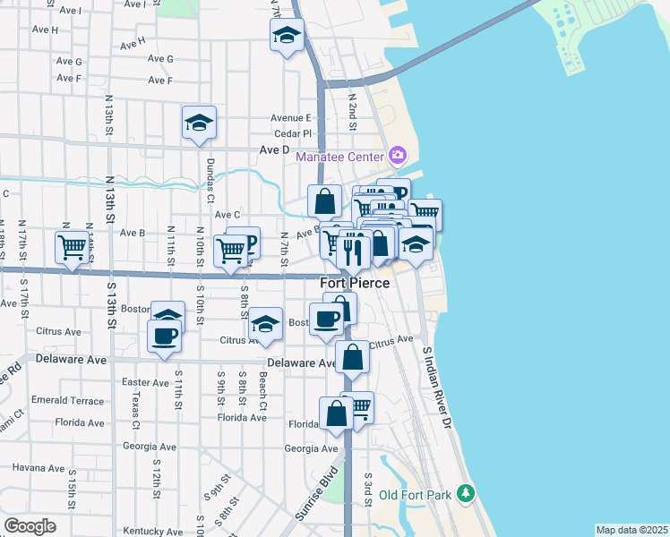 map of restaurants, bars, coffee shops, grocery stores, and more near 101 North US Highway 1 in Fort Pierce