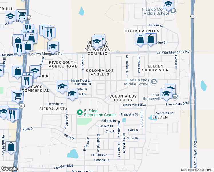 map of restaurants, bars, coffee shops, grocery stores, and more near 4618 Santa Inez Lane in Laredo