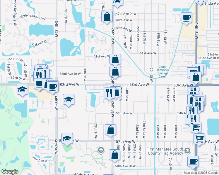 map of restaurants, bars, coffee shops, grocery stores, and more near 2604 53rd Avenue West in Bradenton
