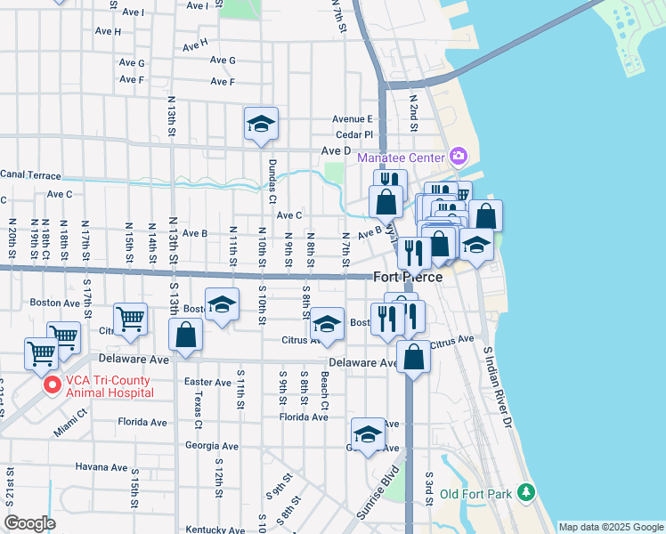 map of restaurants, bars, coffee shops, grocery stores, and more near 711 Orange Avenue in Fort Pierce