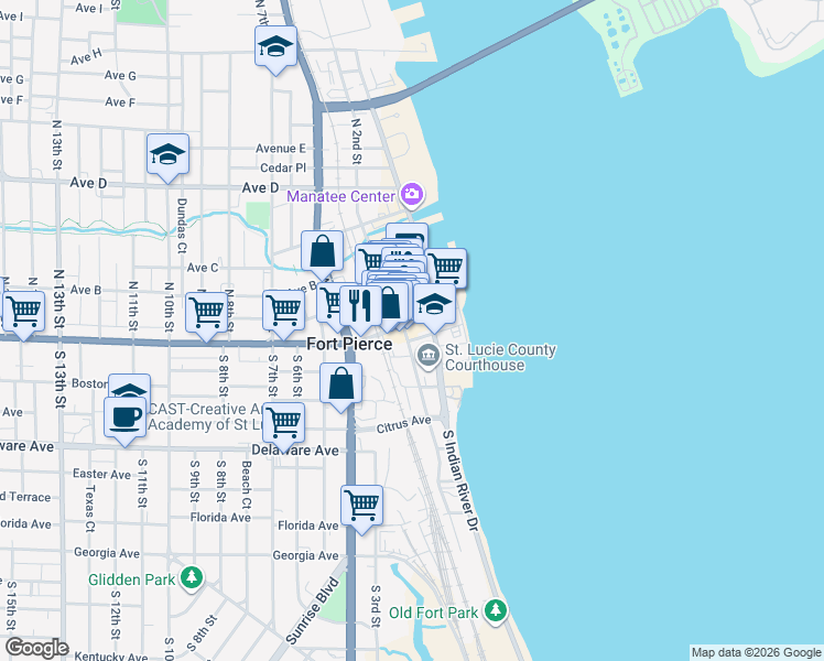 map of restaurants, bars, coffee shops, grocery stores, and more near 100 South 2nd Street in Fort Pierce