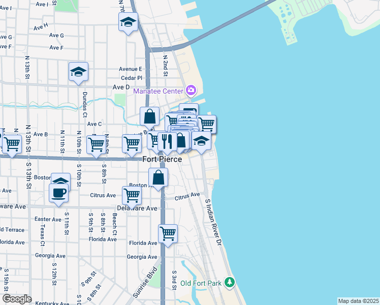 map of restaurants, bars, coffee shops, grocery stores, and more near 100 South 2nd Street in Fort Pierce